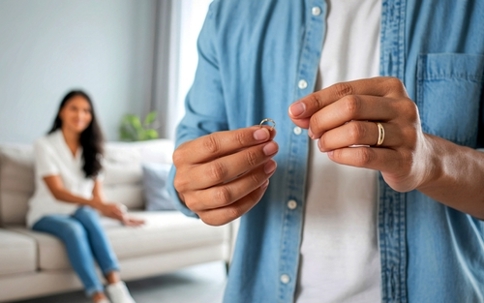 A couple is in the process of breaking their wedding rings, signifying the end of their marriage and a divorce.